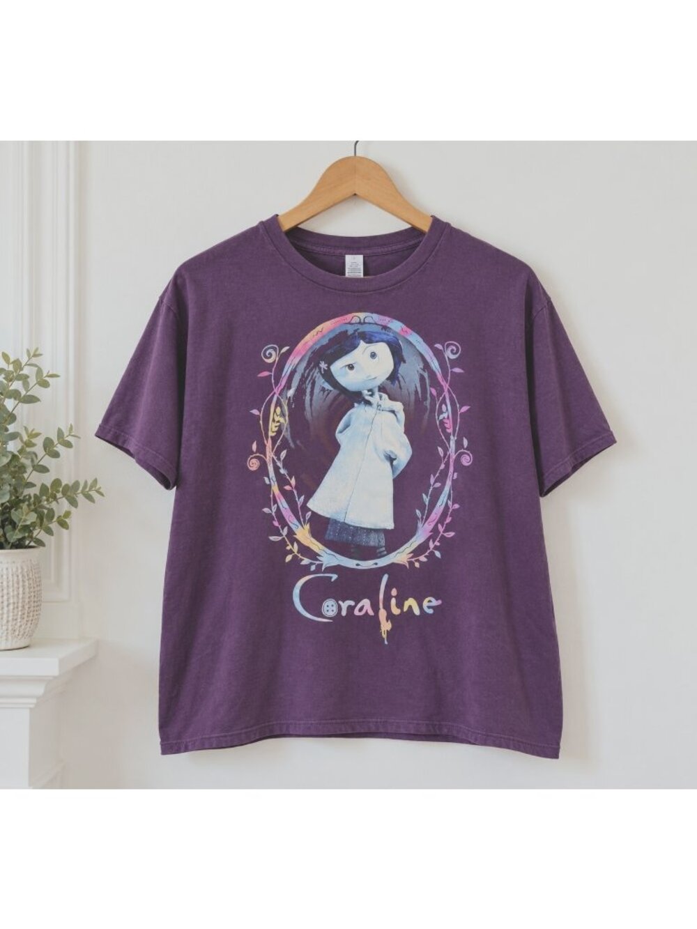 Coraline LAIKA Sz M Graphic T Shirt Purple Garment Dyed Faded Distressed Look